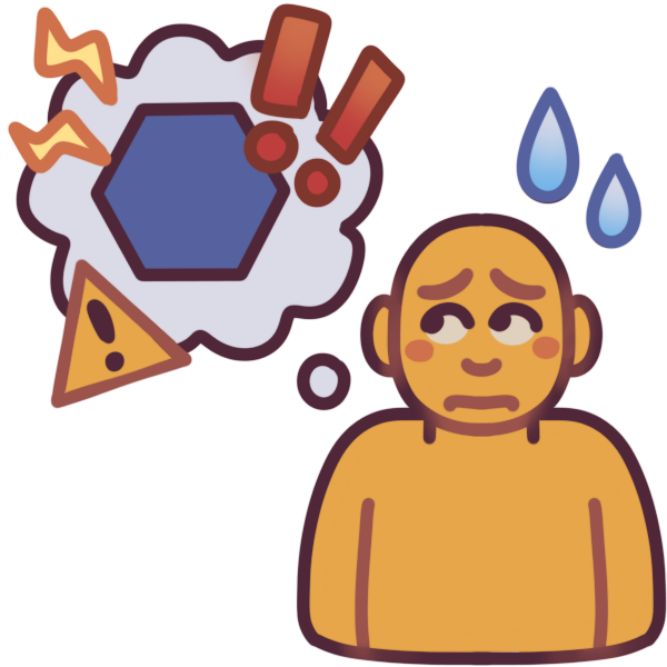  a person with a nervous expression thinking about a blue hexagon. The thought bubble has a yellow warning triangle, yellow lightning bolts, and red exclamation points around it, and the person has two sweat marks beside their head. 